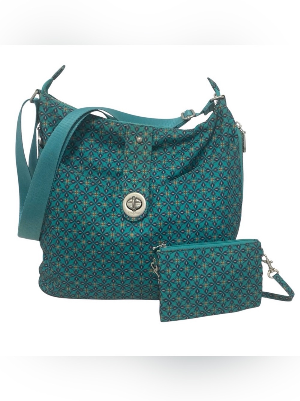 Baggallini Large Teal Geometric Pattern Crossbody Shoulder Bag & Wristlet - EC